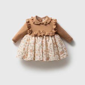 Hardal Çiçekli Premium Müslin Triko Rebecca Kız Bebek Elbisesi Organik