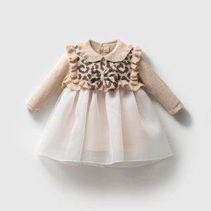 Leopar Desenli Lisa Bej Kız Bebek Elbisesi Organik