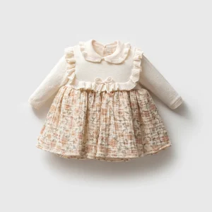 Pudra Çiçekli Premium Müslin Triko Rebecca Kız Bebek Elbisesi Organik