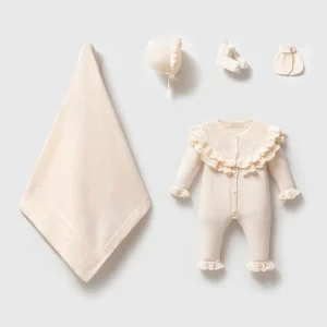 Triko Lisa Krem Kız Bebek 5'li Hastane Çıkış Seti Organik