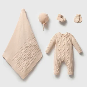 Bej Triko Örgü Tulumlu Bebek 5'li Hastane Çıkış Seti Organik Premium