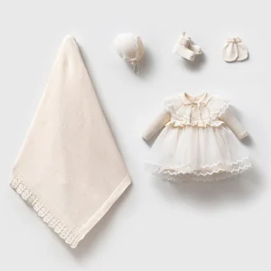 Triko Prenses Elbiseli Kız Bebek 5'li Hastane Çıkış Seti Organik