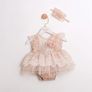 Krem Eva Bony Dantelli Saç Aksesuarlı Kız Bebek Elbise Tulum
