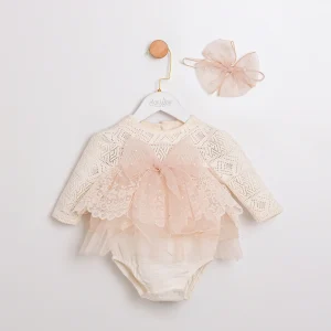 Krem Kız Bebek Talia Kurdeleli İncili Saç Bantlı Tulum
